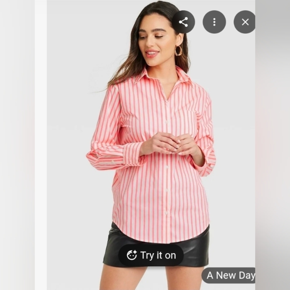 A New Day Women's Long Sleeve Button Down Shirt Pink Striped